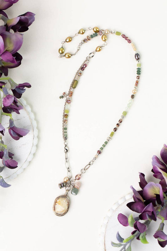 Water Lily 20" Roman Glass, Prehnite, Freshwater Pearl with Yellow Opal Bezel Collage Necklace