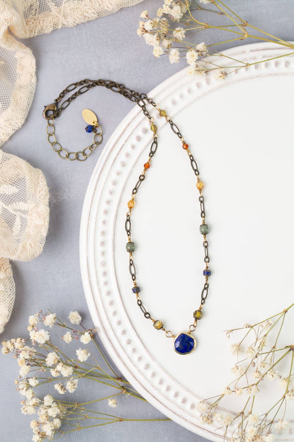 Sacred Heart 16.25-18.25" Czech Glass With Lapis Teardrop Bezel Simple Necklace