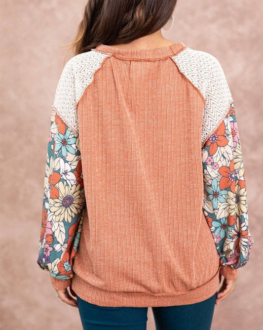 Floral Patchwork Puff Sleeve Blouse: Grapefruit Orange