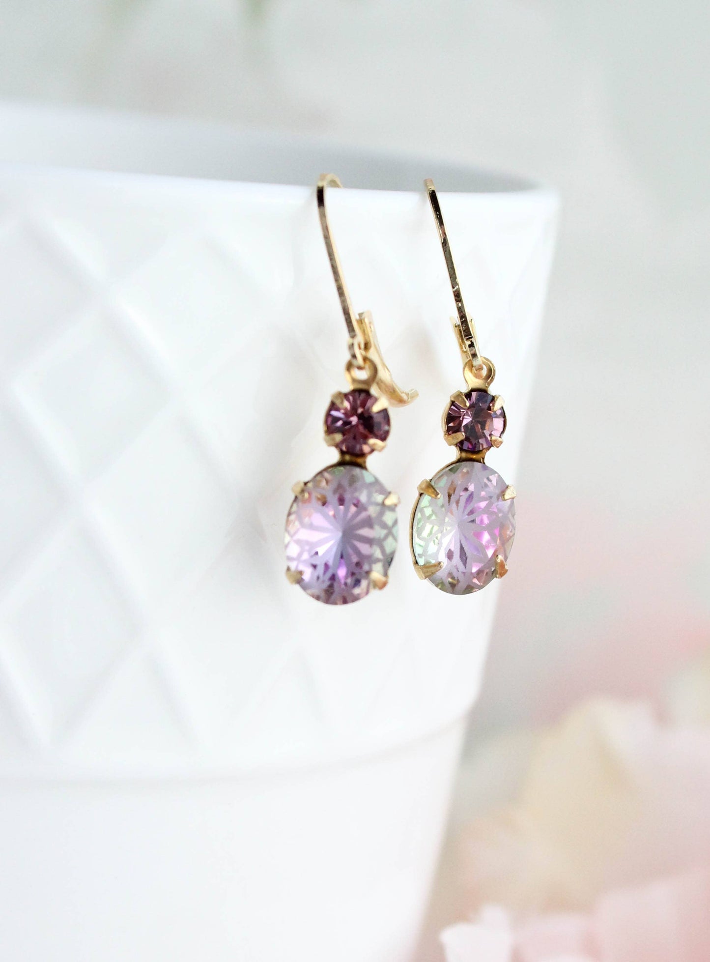 Etched Glass Drop Earrings- Aurora Iridescent Floral