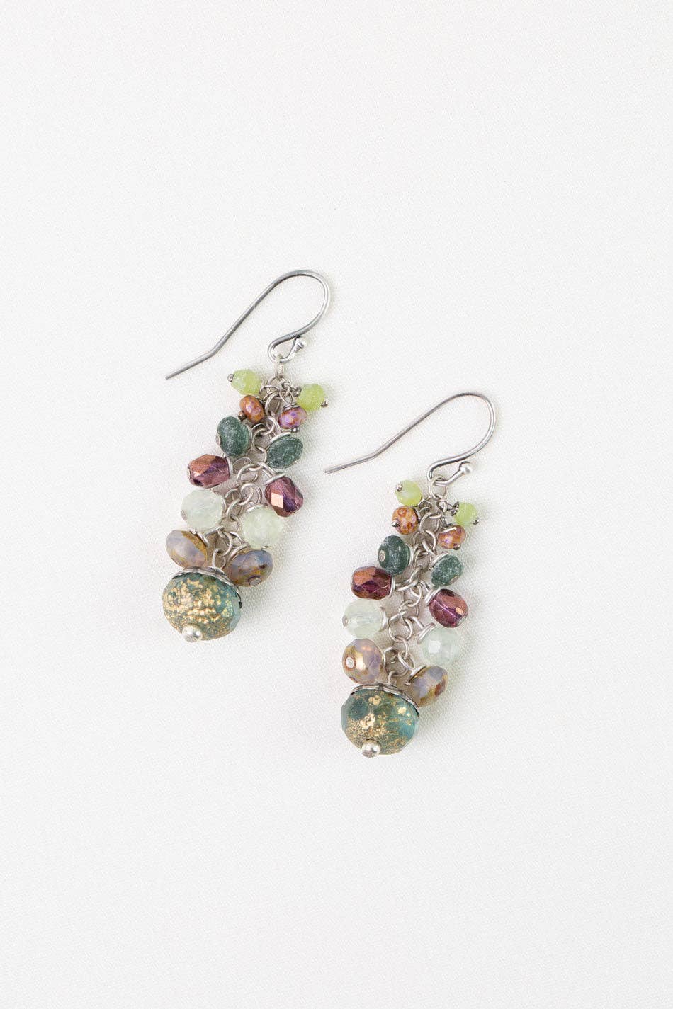 Water Lily Czech Glass, Prehnite, Roman Glass Cluster Earrings