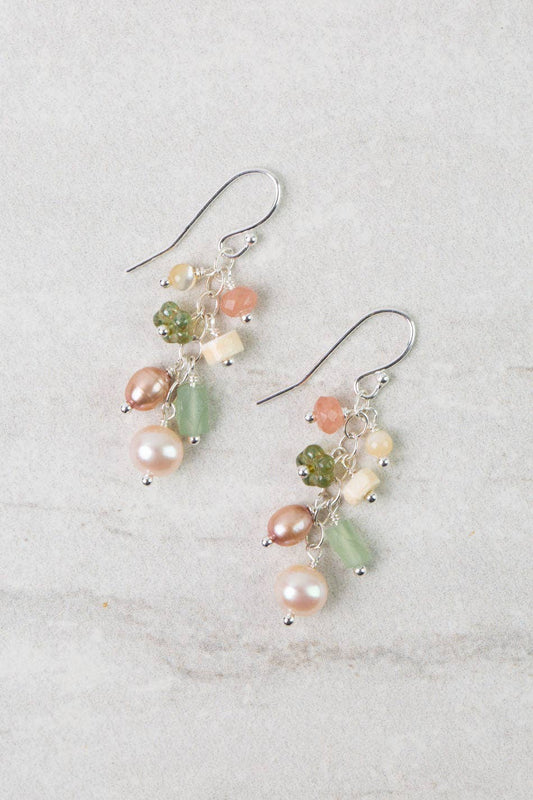 Calming Fleurs Shell, Freshwater Pearl, Czech Glass Dangle Earrings