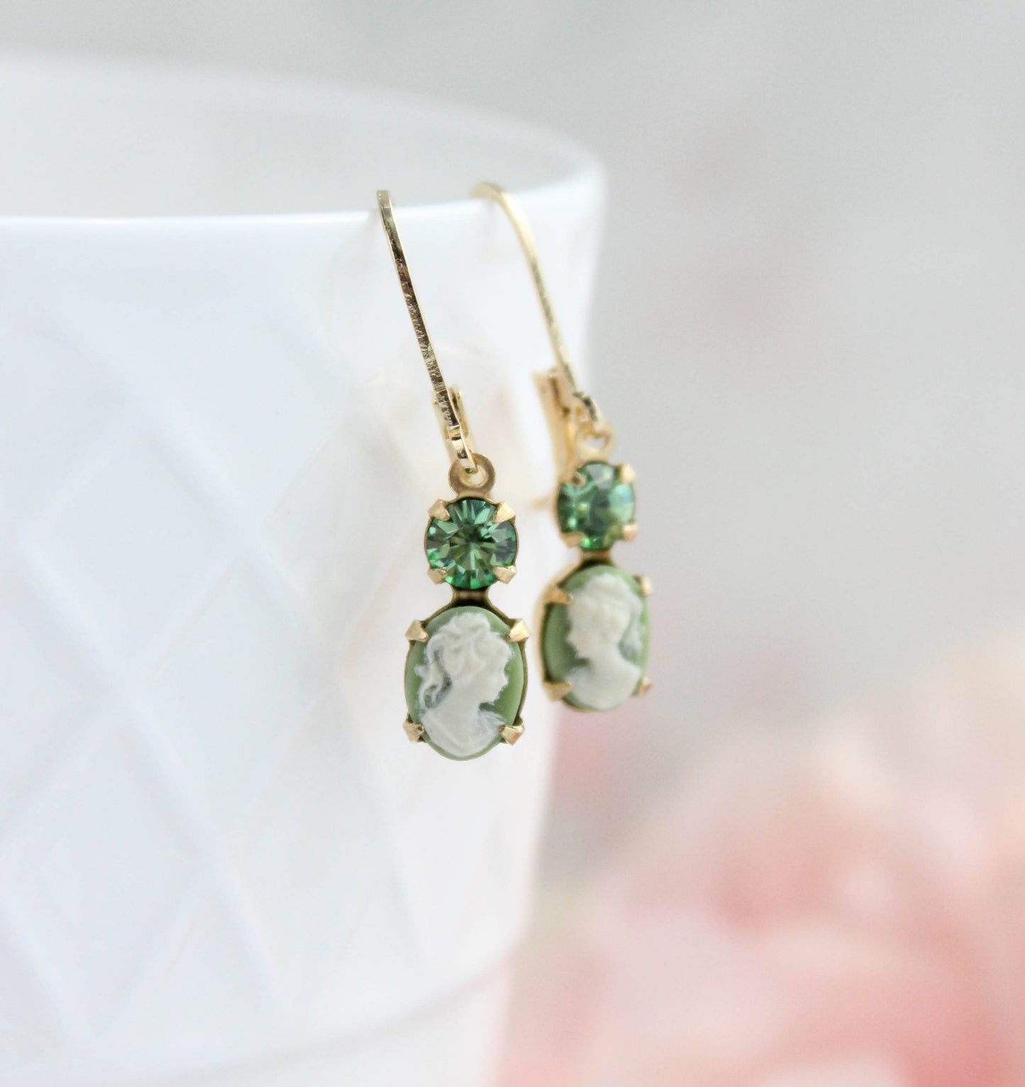 Tiny Lady Cameo Earrings- Light Green