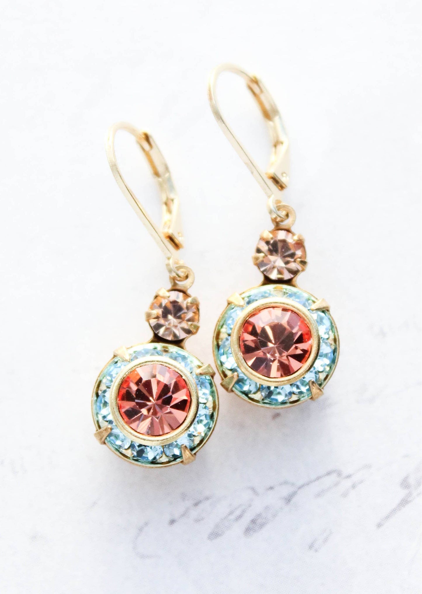 Art Deco Floral Earrings- Light Peach & Aquamarine
