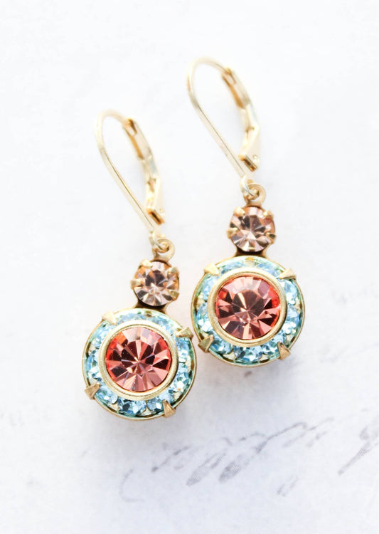 Art Deco Floral Earrings- Light Peach & Aquamarine