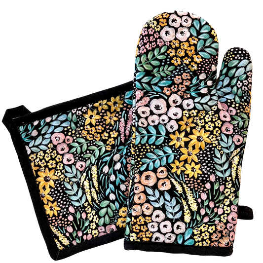 Black Floral Oven Mitt + Pot Holder Set