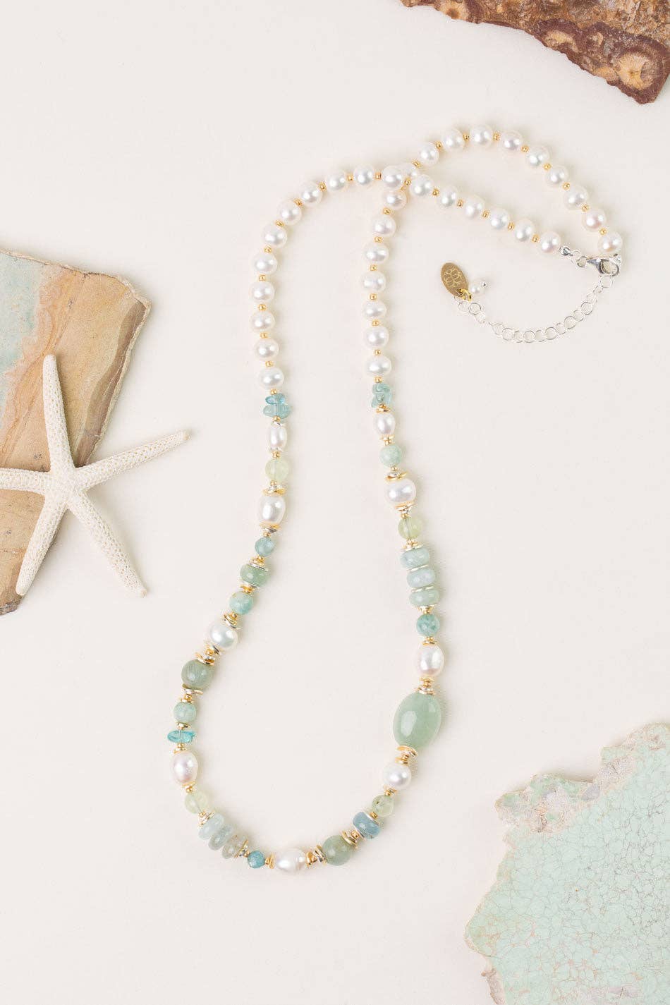 Serenity 22.5-24.5" Aquamarine, Freshwater Pearl, Amazonite Collage Necklace