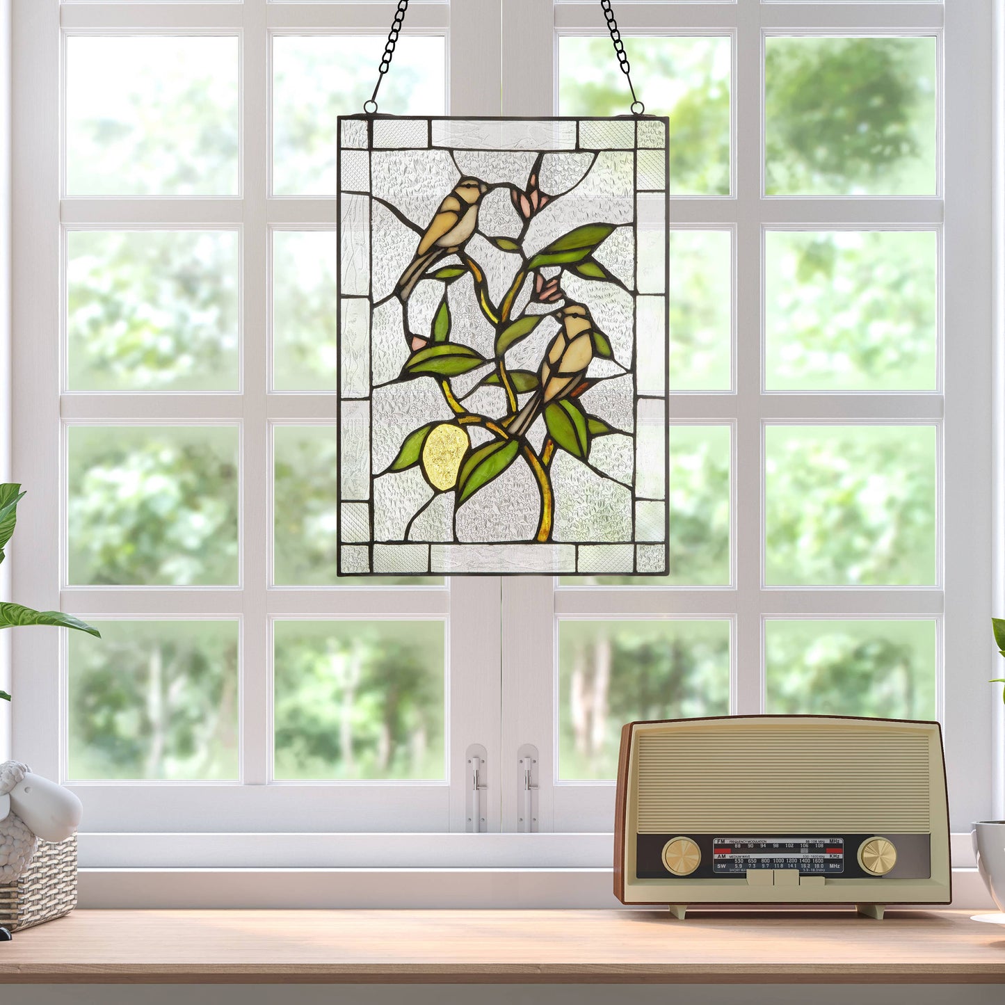 14"H Birds in a Lemon Tree Stained Glass Window Panel