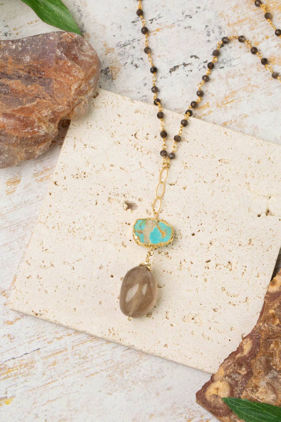 Desert Sunset 28-30" Turquoise, Cats Eye With Golden Rutilated Quartz Tassel Necklace