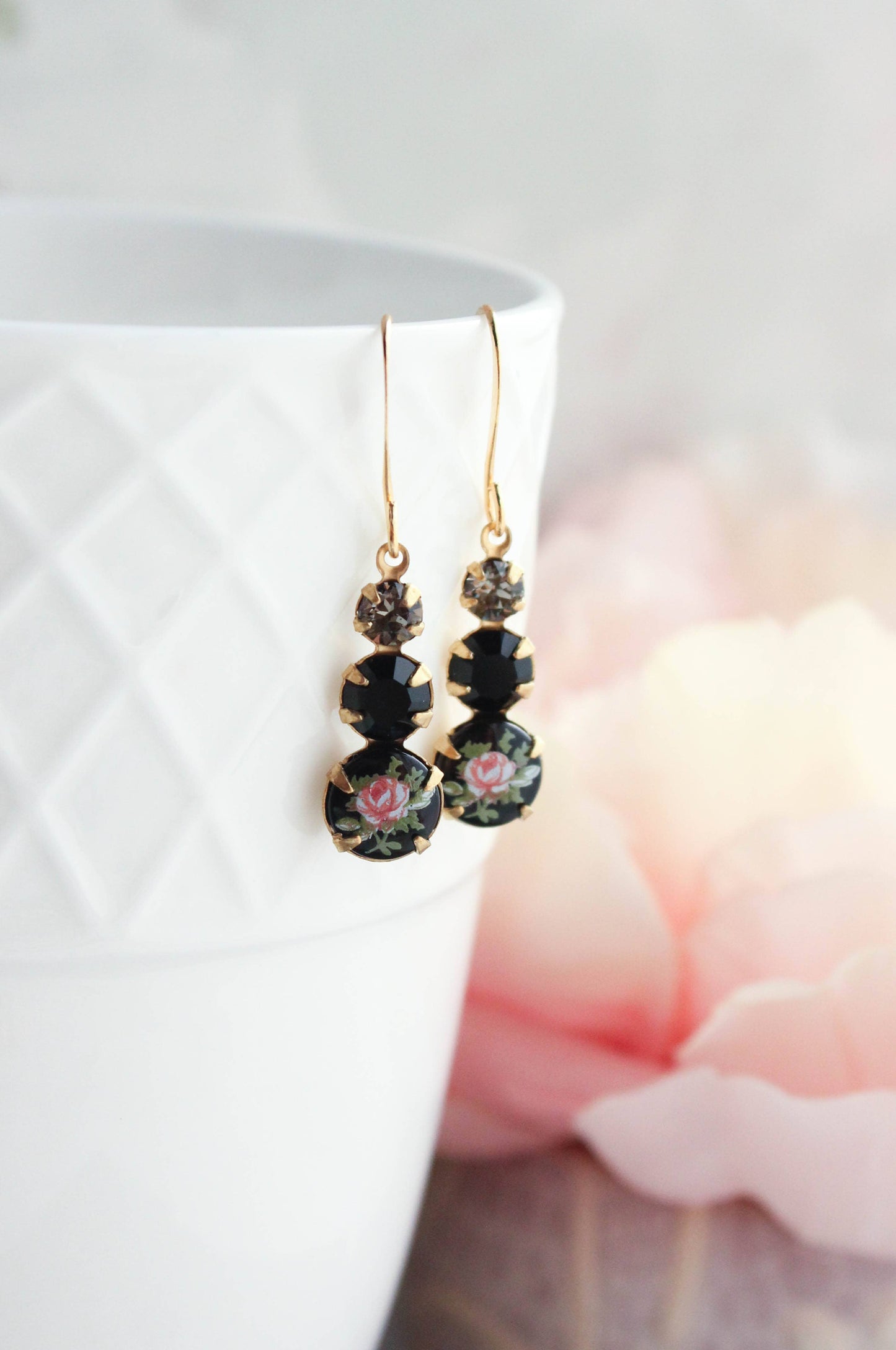 Vintage Glass Earrings -Three Jewel - Black w/ Pink Rose