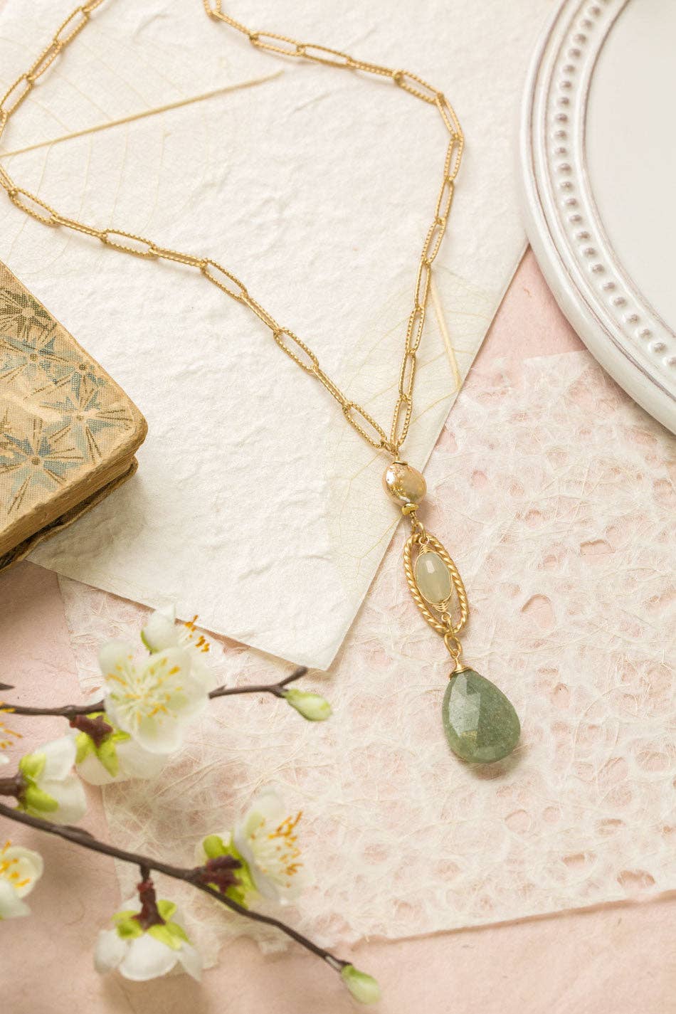 Contentment 26.5-28.5" Aquamarine, Prehnite, Pearl Statement Necklace