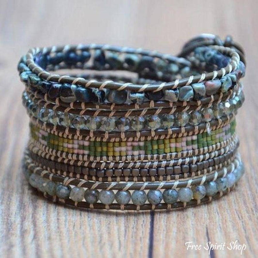Natural Green Agate & Labradorite Gemstone Leather Wrap