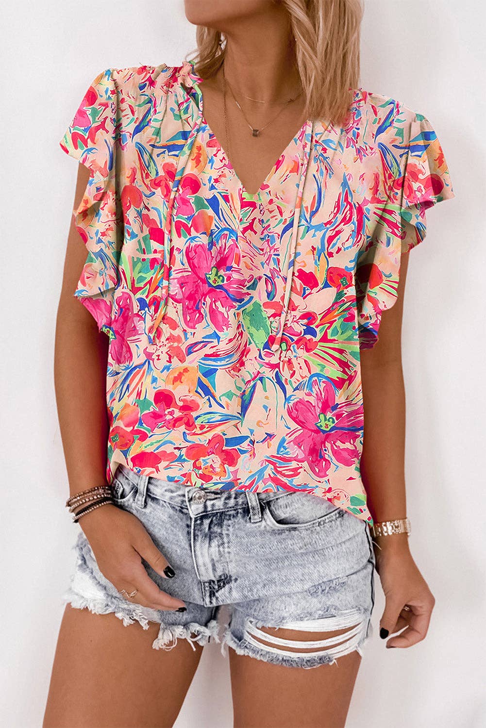 Floral Ruffle Sleeve V-Neck Blouse: Multicolor