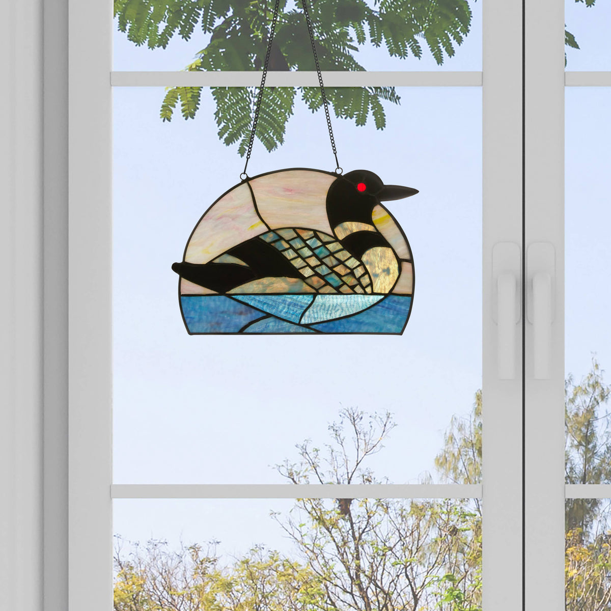 9.5" Swimming Loon Stained Glass Window Accent Panel