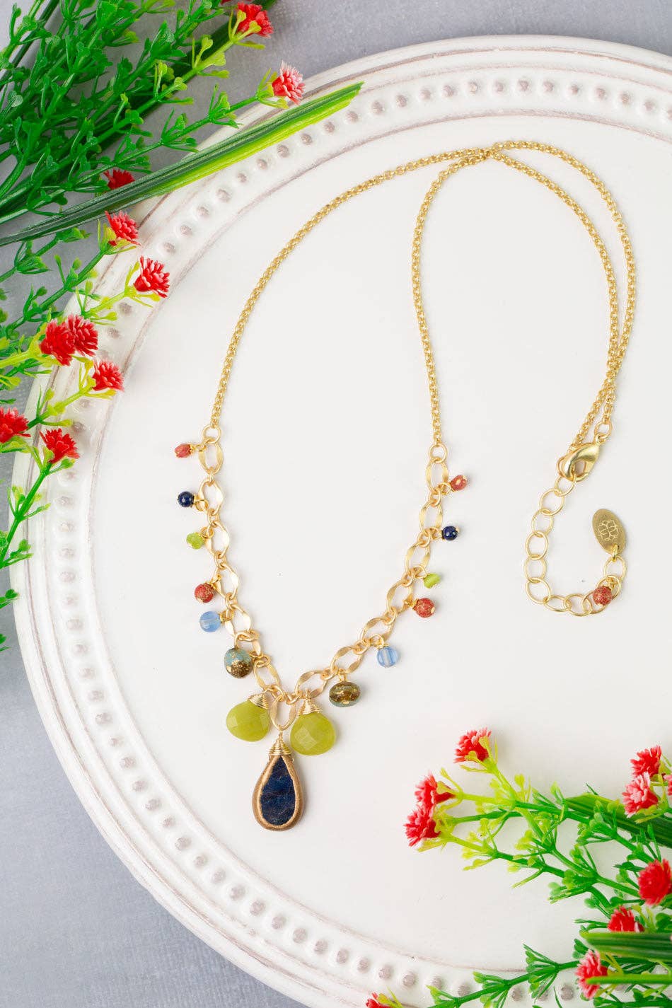 Prosperity 18.5-20.5" Blue Teardrop Bezel, Olive Jade, Czech Glass Simple Necklace