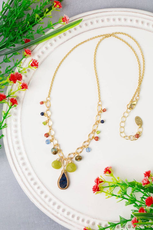 Prosperity 18.5-20.5" Blue Teardrop Bezel, Olive Jade, Czech Glass Simple Necklace