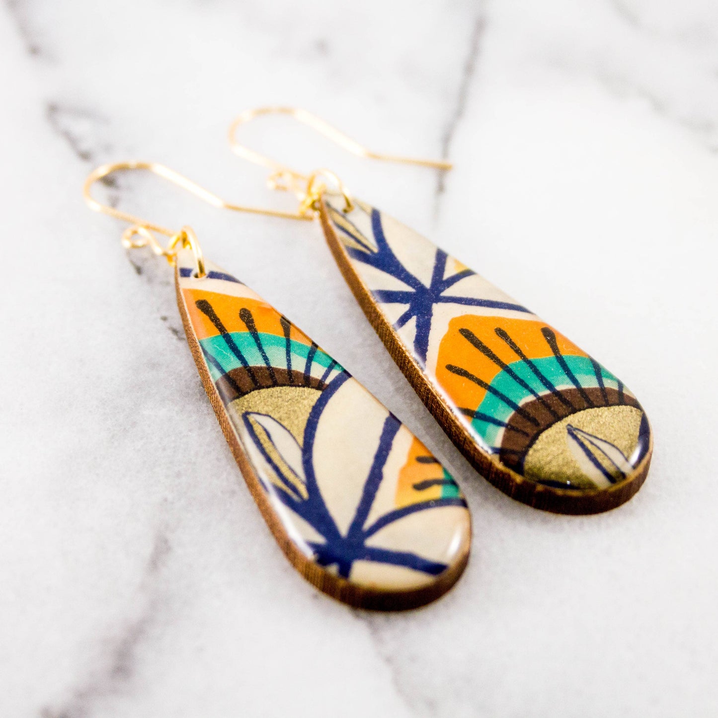 Orange + Aqua Retro Sun Teardrop Earrings