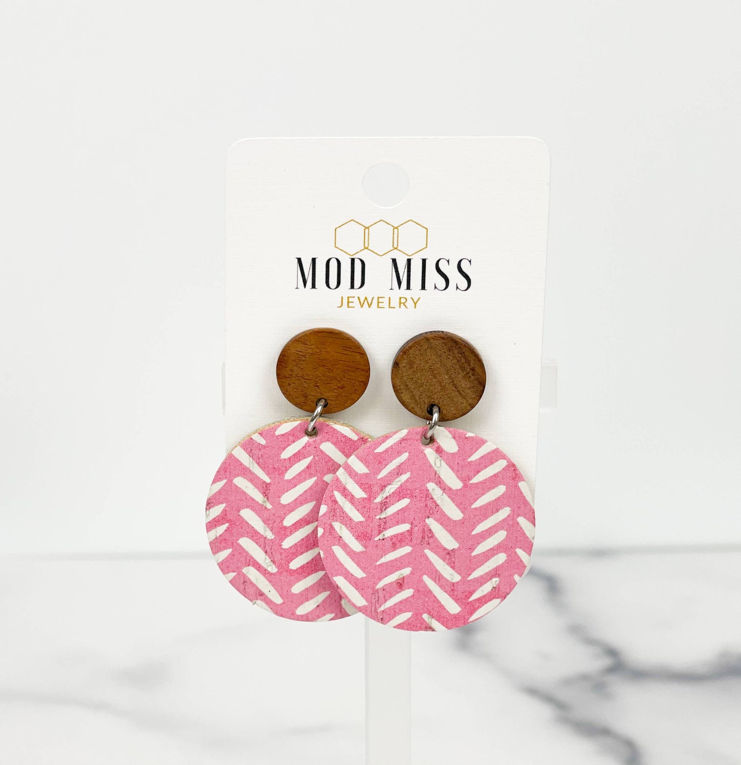 Cork+Leather Round Earring "Pink Tribal"