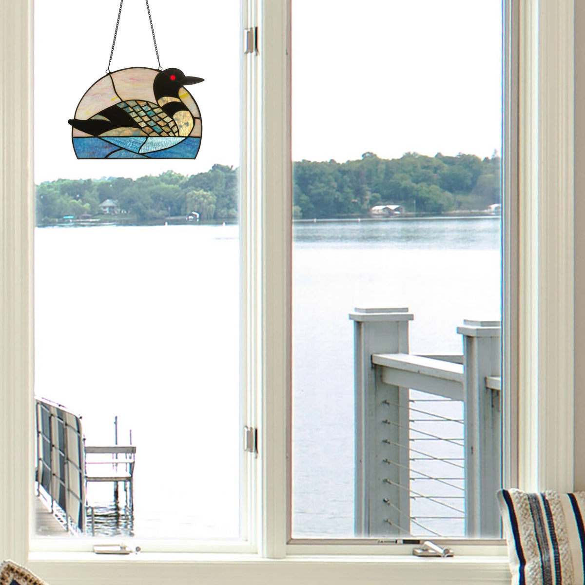 9.5" Swimming Loon Stained Glass Window Accent Panel