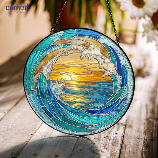 Ocean Wave Stained Glass Suncatcher, Gift for Beach Lovers