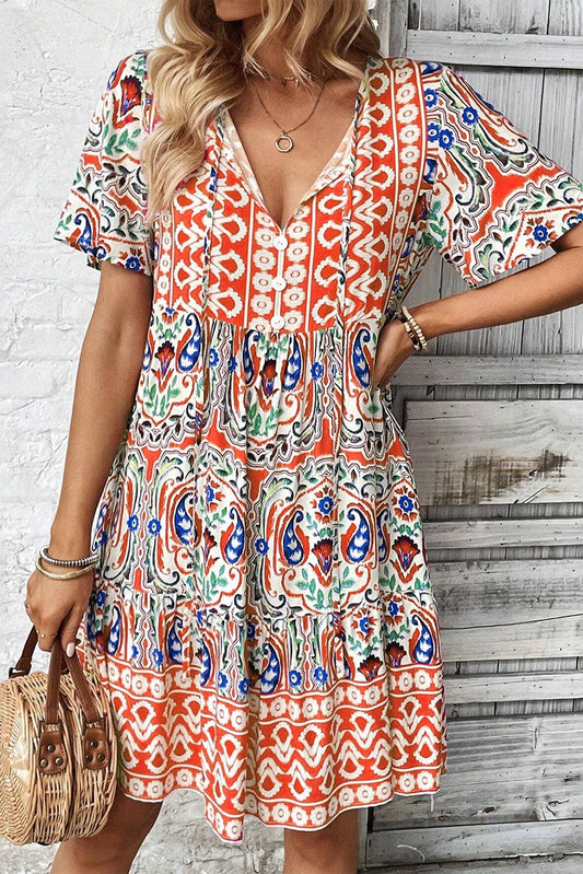 Boho Tie Neck Short Dress