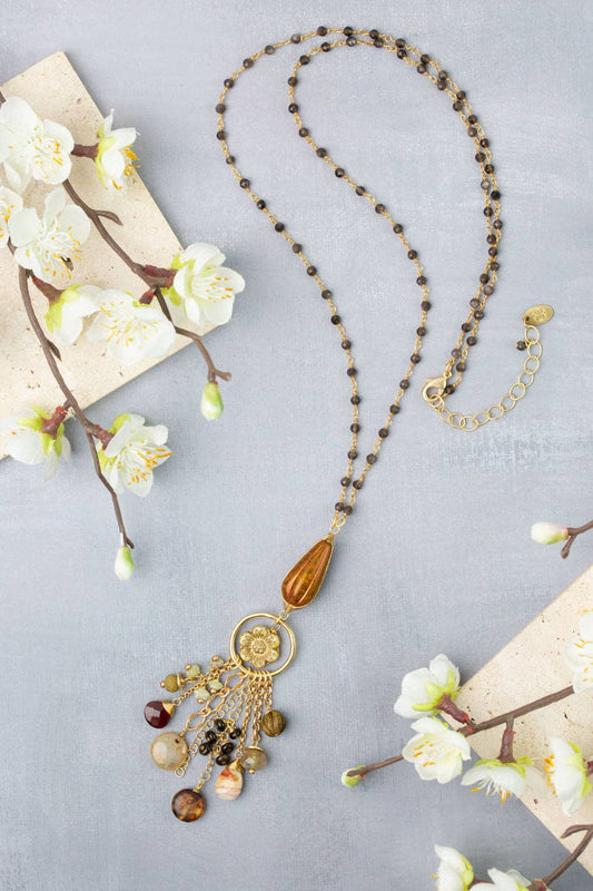 Golden Hour 27-29" Jasper, Moonstone, Carnelian Cluster Necklace