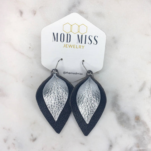 Leather Stacked Petal Earring "Met Blk + Met Silver"