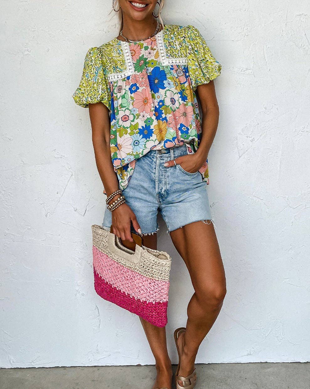 Floral Bubble Sleeve Blouse: Green