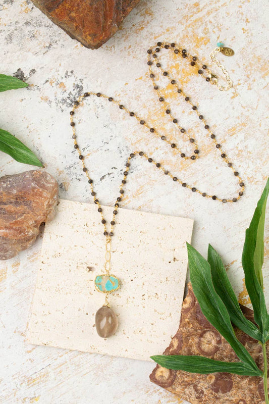 Desert Sunset 28-30" Turquoise, Cats Eye With Golden Rutilated Quartz Tassel Necklace