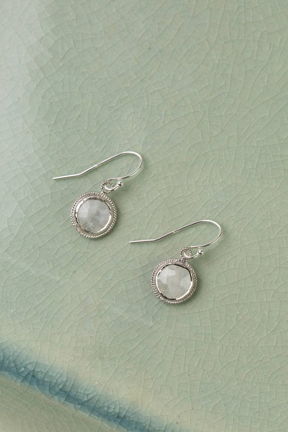 Blush Faceted Rainbow Moonstone Silver Plated Coin Shaped Bezel Simple Earrings