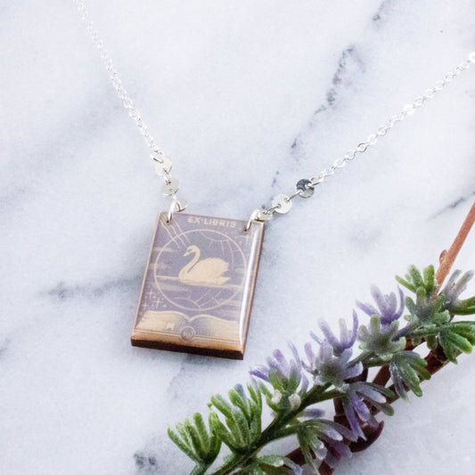 Vintage Ex Libris Bookplate Swan Necklace
