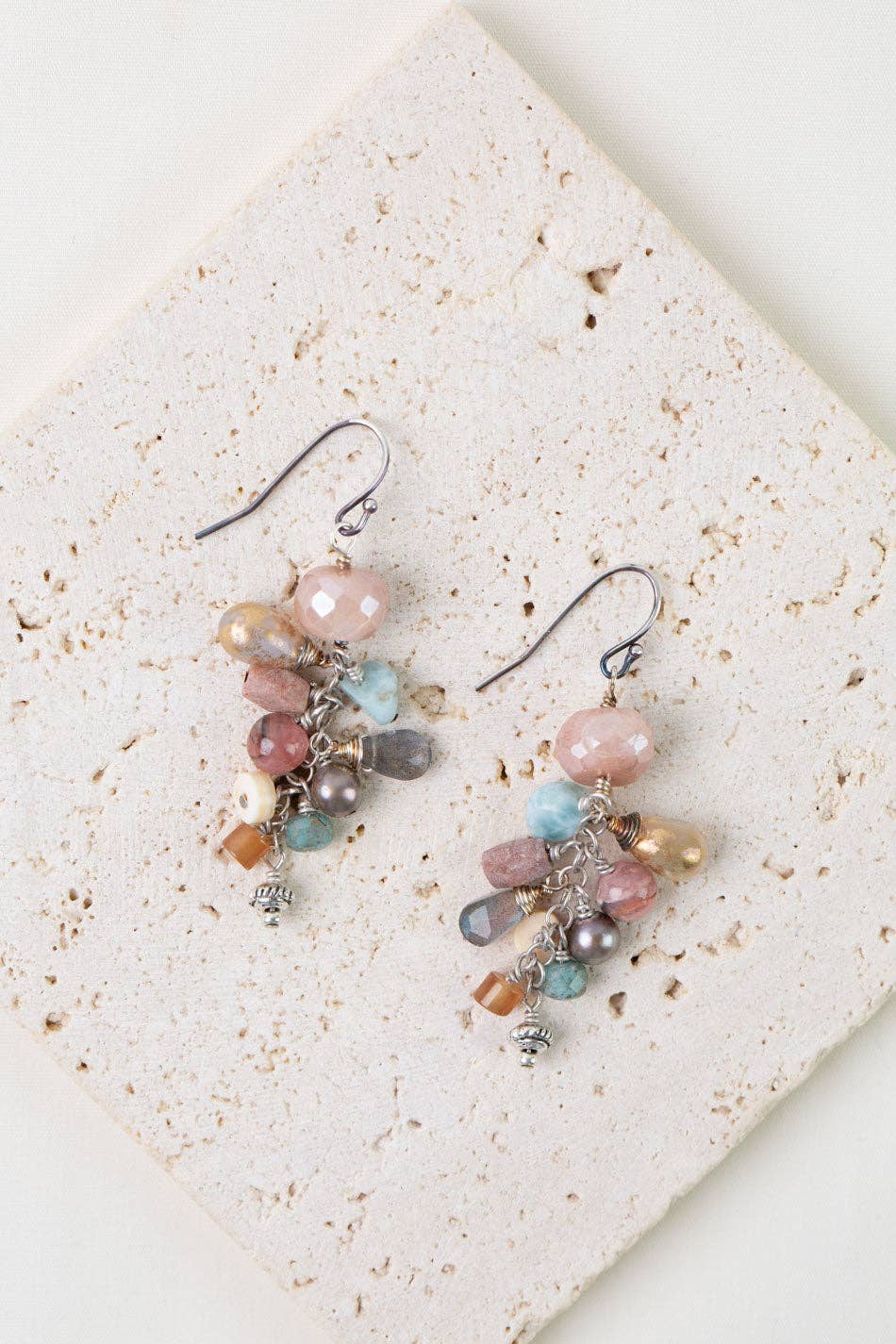 Namaste Labradorite, Peach Moonstone, Freshwater Pearl Cluster Earrings