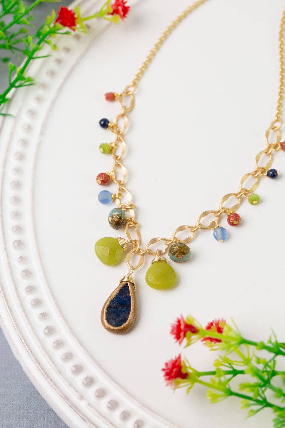 Prosperity 18.5-20.5" Blue Teardrop Bezel, Olive Jade, Czech Glass Simple Necklace