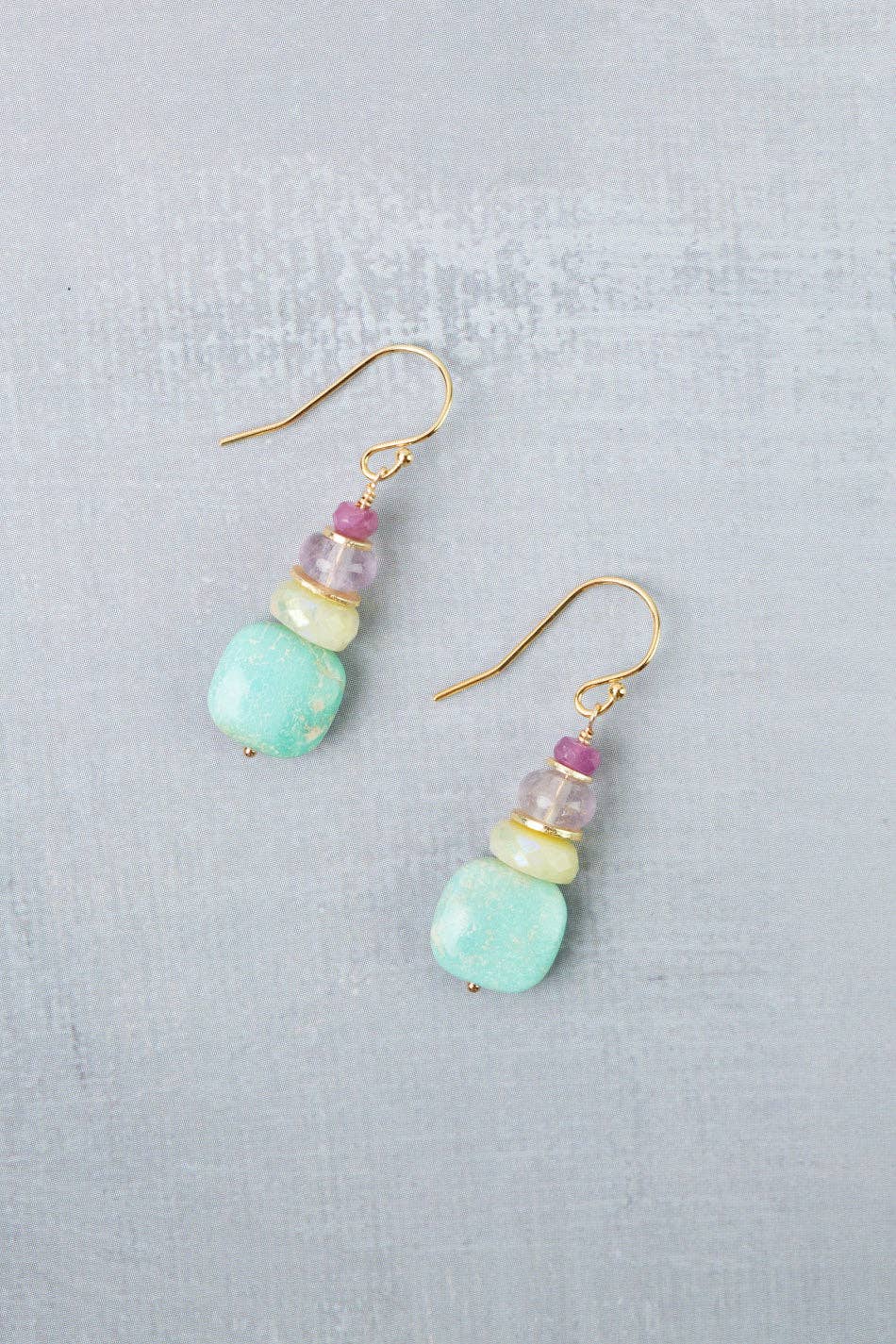 Treasure Honey Opal, Amethyst, Ruby with Turquoise Simple Earrings