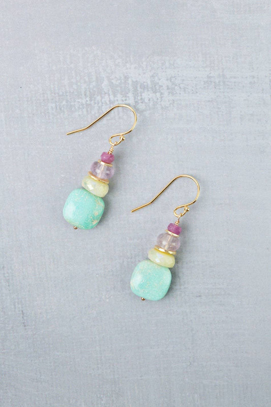 Treasure Honey Opal, Amethyst, Ruby with Turquoise Simple Earrings