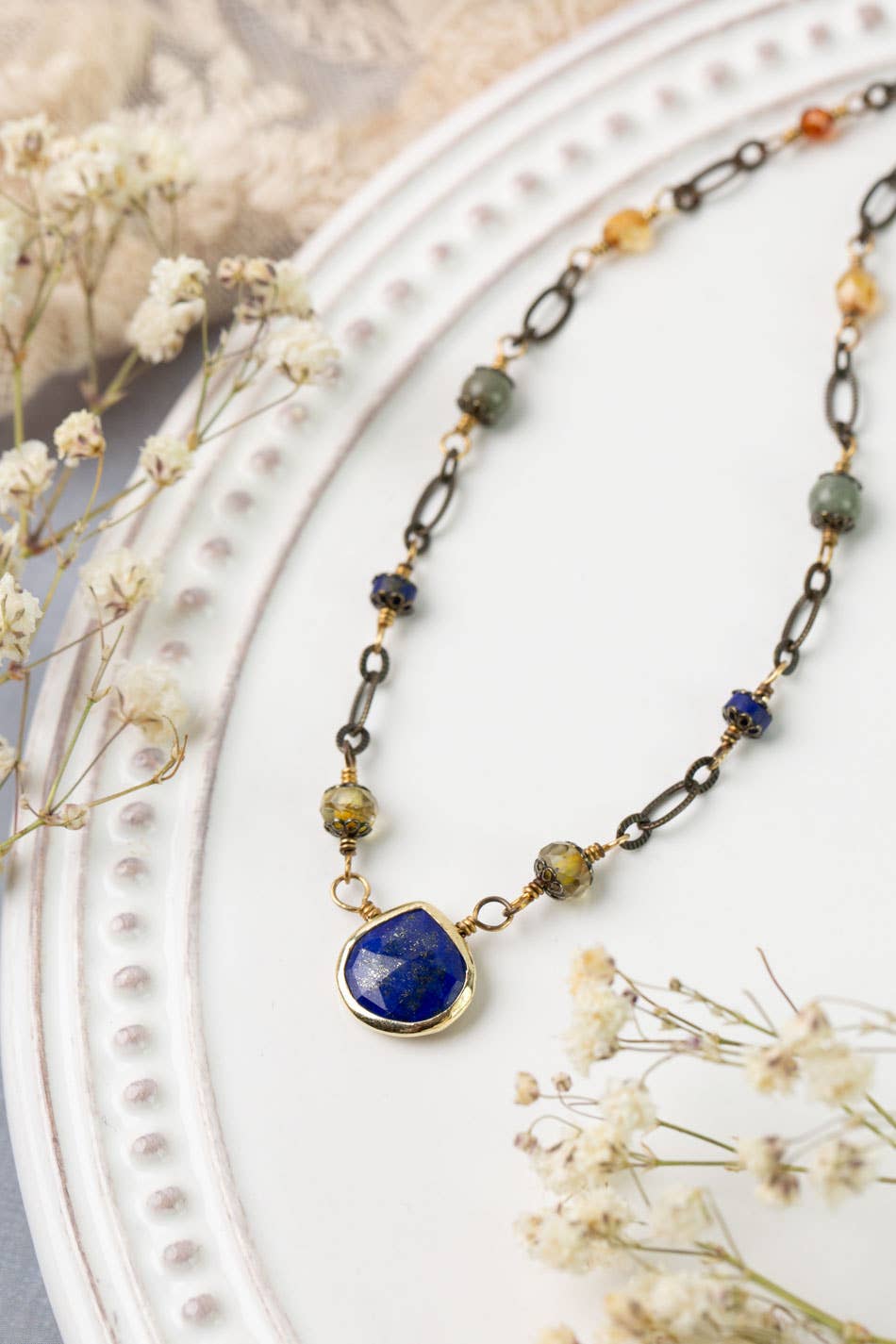 Sacred Heart 16.25-18.25" Czech Glass With Lapis Teardrop Bezel Simple Necklace